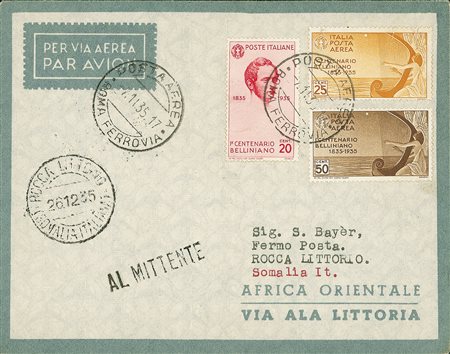 REGNO D'ITALIA - Aerogramma Bayer da Roma alla Somalia del 29.12.35