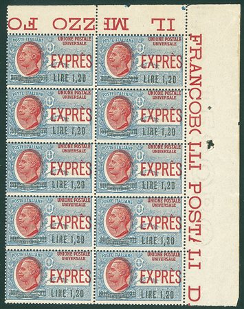 REGNO D'ITALIA - 1921 - 1,20 lire su 30 cent - blocco di dieci - ovali...