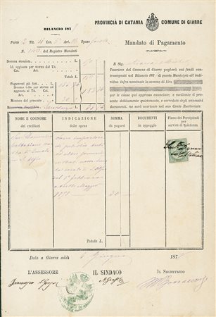 REGNO D'ITALIA - 5 cent - uso fiscale su intero Mandato di Pagamento - Giarre...