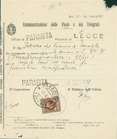 REGNO D'ITALIA - Marca da Bollo da 1 lira su modulo da Parabita del 2.9.42 (19)