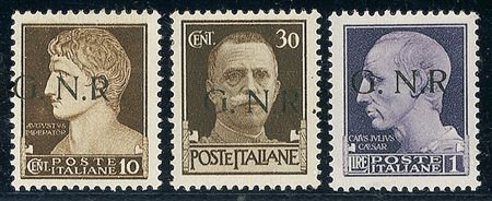 RSI - 1943 - GNR Brescia - 8 valori - tutti con R accostata a N - 5 cent in...