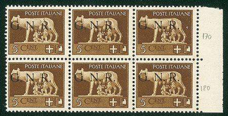 RSI - 1943 - 5 cent - blocco di sei - posizioni 168/180 con il trittico R...