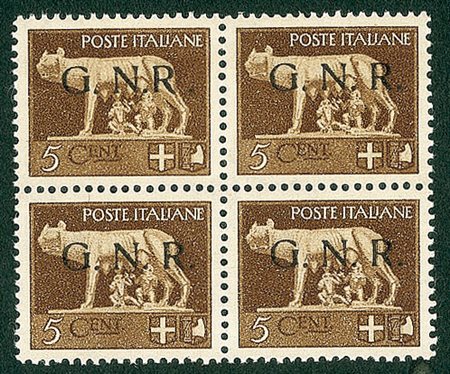 RSI - 1943 - 5 cent - blocco di quattro - in alto a sinistra - R accostata a...
