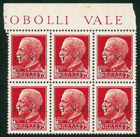 RSI - 1943 - 75 cent - blocco di sei - un pezzo con R distanziata - gomma...
