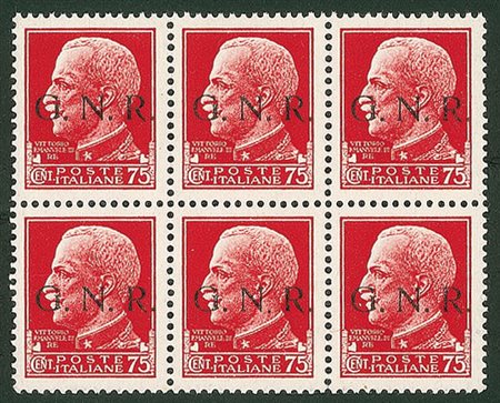 RSI - 1943 - 75 cent - blocco di sei - un pezzo con N punto piccolo - gomma...