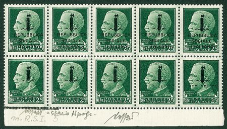 RSI - 1944 - 25 cent - blocco di dieci - senza Sociale Italiana nei cinque...