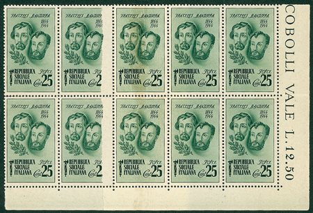 RSI - 1944 - 25 cent Bandiera - blocco di dieci - 4 pezzi su carta...