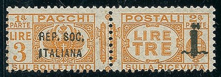 RSI - 1944 - 3 lire - soprastampa corta - gomma integra (44a Pacchi Postali -...