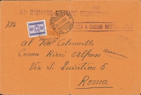 RSI - 50 cent - busta con tassa a carico dalla P.d.C. 765 a Roma del 29.2.44...