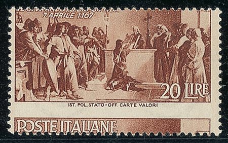 REPUBBLICA - 1946 - 20 lire Pontida - dentellatura orizzontale spostata in...