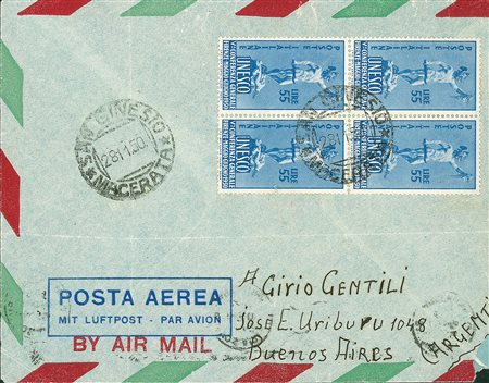 REPUBBLICA - 55 lire Unesco - quartina su aerogramma da S.Ginesio a Buenos...