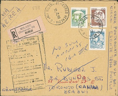 REPUBBLICA - Braille - raccomandata aerea da Milano a Toronto del 10.2.90...