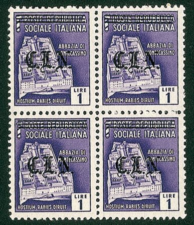 EMISSIONI LOCALI - CLN TORINO - 1945 - 1 lira - quartina con soprastampe in...