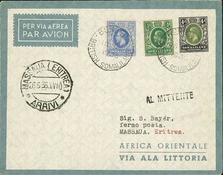 COLONIE E POSSEDIMENTI - Aerogramma da Berbera a Massaua del 26.6.36