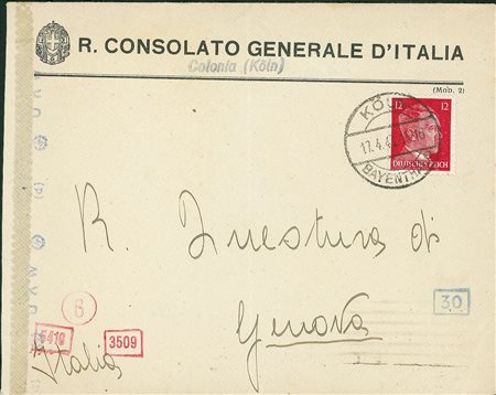 EUROPA - Germania - Colonia/Consolato Generale Italiano - busta per Genova...