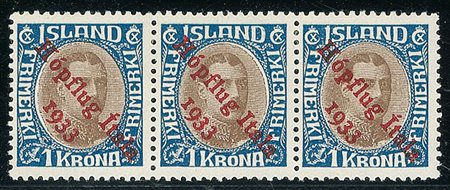 EUROPA - Islanda - 1933 - Balbo - striscia di tre del 1 korona - pezzo...
