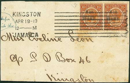 OLTREMARE - Giamaica - 1919 - un 1/2 pence War Stamp - coppia con doppie...