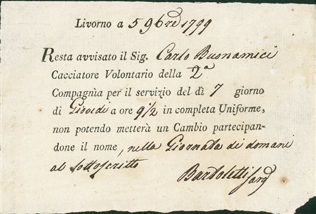 PREFILATELICHE-FRANCHIGIE-DOCUMENTI - 1799 - Cacciatore Volantario -...