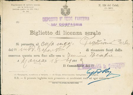 PREFILATELICHE-FRANCHIGIE-DOCUMENTI - 1919 - Biglietto di Licenza Serale -...