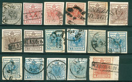 LOTTI VOLUMINOSI - LOMBARDO VENETO - Prima Emissione - 10 cent + tre 15 cent...