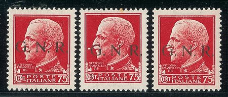 LOTTI VOLUMINOSI - RSI - 1943 - tre pezzi del 75 cent - notati G N punti...