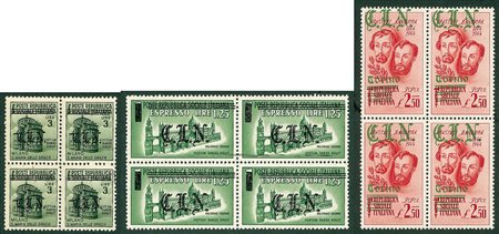 LOTTI VOLUMINOSI - CLN TORINO - 9 valori in quartine - gomma integra - cert-...