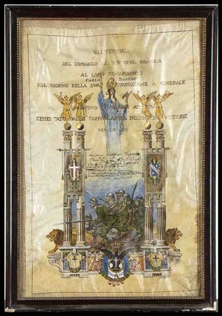 ITALIA, Regno
Pergamena con dedica degli ufficiali del comando del 242° Reggimento Fanteria (Teramo) al loro comandante 