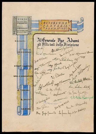 ITALIA, Regno
Foglio con dedica a Generale Ugo Adami dagli ufficiali della Fanteria Parma