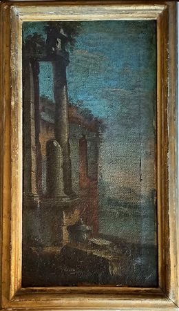 Artista del XVIII secolo Capriccio con rovine olio su tela cm.36,5x18,7