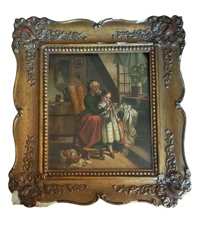 De Braekeleer Ferdinand (Anversa 1792-1883) Lezione di cucito olio su rame...