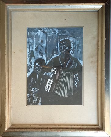 Bueno Xavier (Bera, Spagna 1915-1979) Suonatore di fisarmonica olio su carta...