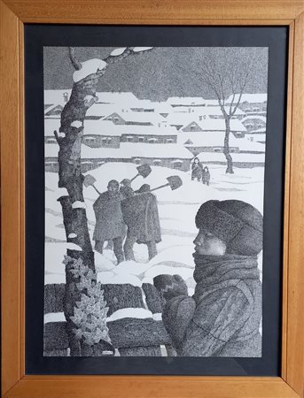 Bellini Enzo (Santa Sofia, Forlì Cesena 1932-2015) Nevicata con figure...