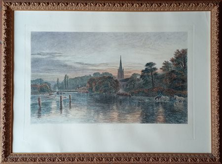 Antica stampa inglese raffigurante Paesaggio cm.68x95 siglata e datata 1886...