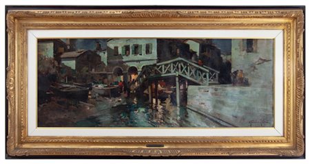 Felice Giordano Napoli 1880 - Capri (NA) 1964 Venezia di sera Olio su tela cm 35x95 