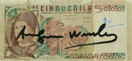 Andy Warhol (1928 - 1987) CINQUEMILA LIRE pennafeltro su banconota, cm 6x12,5...