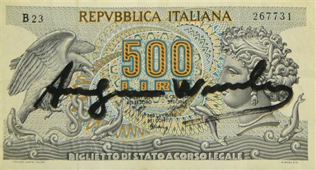 Andy Warhol (1928 - 1987) CINQUECENTO LIRE pennafeltro su banconota, cm...
