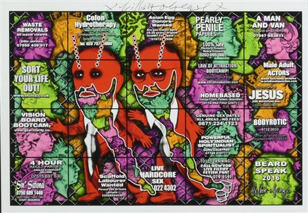 Gilbert & George BEARD SPEAK stampa tipografica, cm 15x21 firma Cartolina...