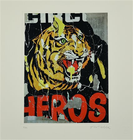Mimmo Rotella (1918 - 2006) TIGRE, 2005 serigrafia e decollage, cm 37x35; es....