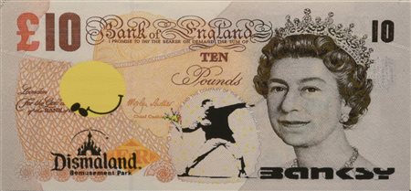 Banksy (1974) DISMAL 10 POUNDS CANVAS, 2015 serigrafia su tela, cm 10,5x21...