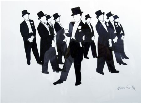 LODOLA MARCO (Dorno Pavia 1955) "Ballerini in frac" Tecnica mista su carta...