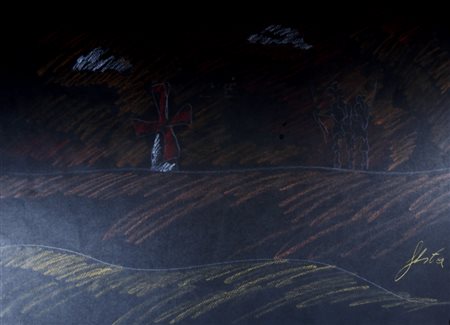 FESTA TANO (Roma 1938 - Roma 1988) "Cavalieri e mulino a vento" Pastelli su...