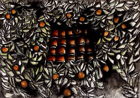 GUTTUSO RENATO (Bagheria 1912 - Roma 1987) "Tetti con aranceti" Tecnica mista...