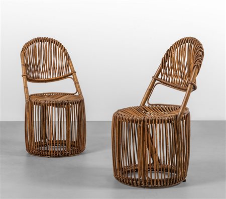 DUE SGABELLI, anni '50. <br>Malacca, giunco e 