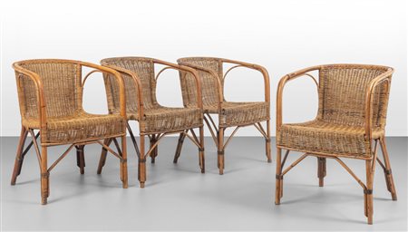 QUATTRO POLTRONCINE, anni '50. <br>Malacca, 