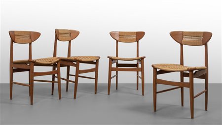 QUATTRO SEDIE, anni '60. <br>Legno di faggio, 