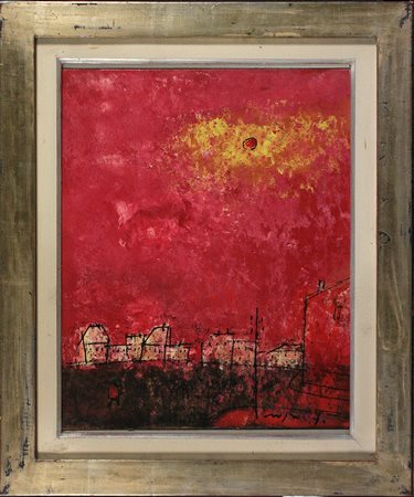 Franco Rognoni (1913-1999) Paese, 1970 Tecnica mista su carta intelata cm...