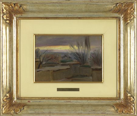 Nikolaj Karahan (1900-1970) Tramonto in città, 1940 olio su cartone rigido cm...