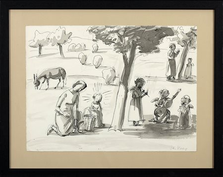 Jan Knap (1949) Raccolta delle mele con gli Angeli China acquerellata su...