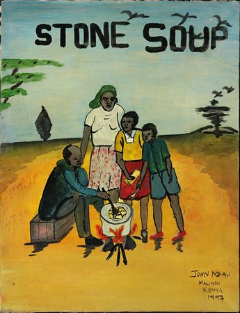 John Nzau (1964) Stone soup, 1997 Olio su tela cm 43x31 Firma e data in basso...