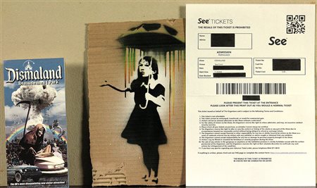 Banksy (1974) Ragazza con ombrello, 2014 Acrilico su cartone, es. 12/25 cm...